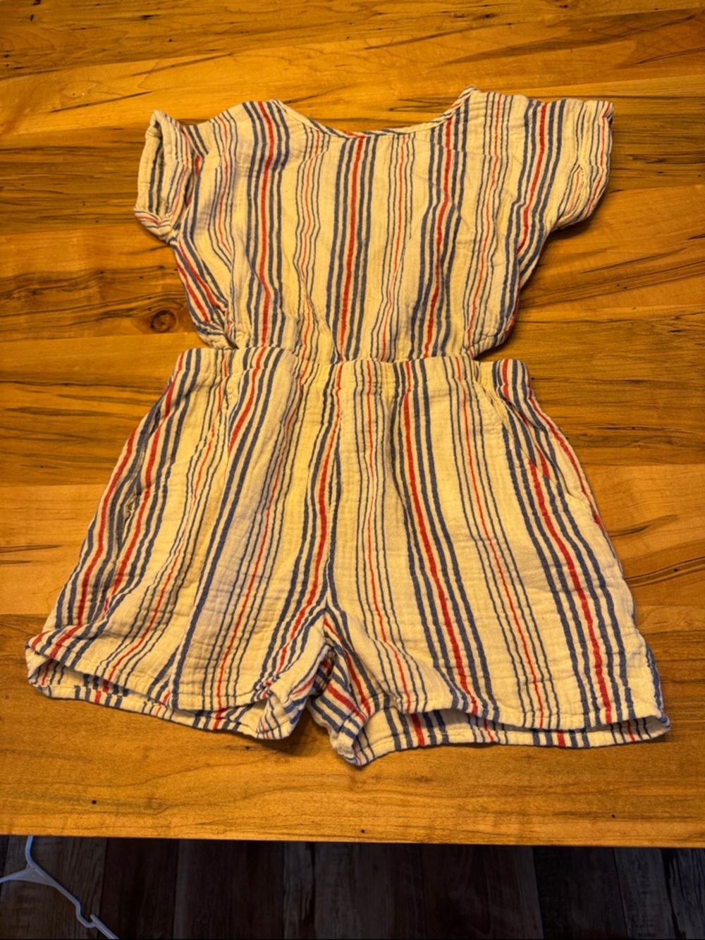 Cat & Jack Cream Striped Short Romper with Red & Blue Stripes